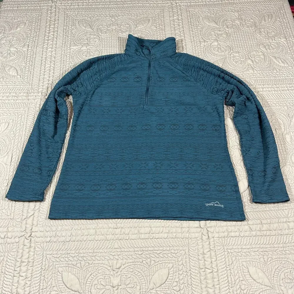 Eddie Bauer Women L Aztec Print 1/4 Zip Pullover Dark Teal Warm